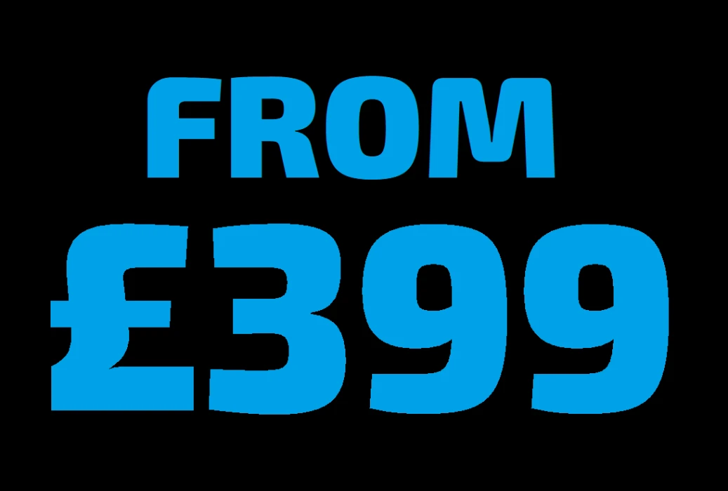 from £399 written in large blue font on black background